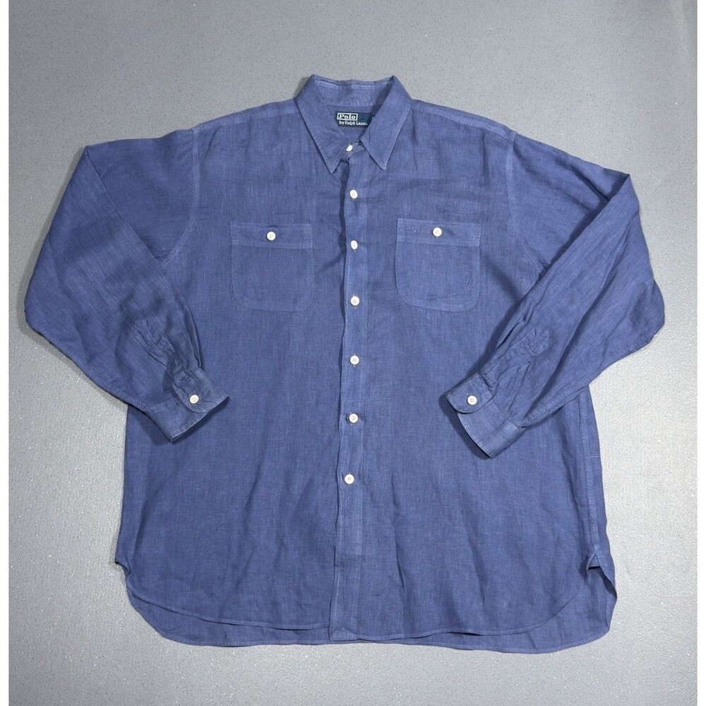 Vintage Polo Ralph Lauren Linen Shirt Mens Large Blue Long Sleeve Dual Pocket⁠